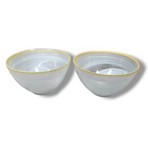 ArdaCam Art of Tabletop Turkish Glass Bowls 6" White Swirl Yellow Rim Lot of 2
